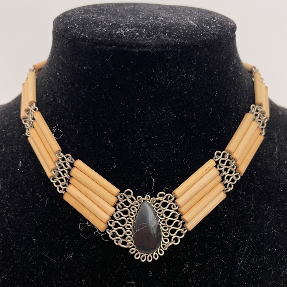 Vintage Black STONE & WOOD Beaded Whimsical Goth Boho Hook Back Choker Necklace